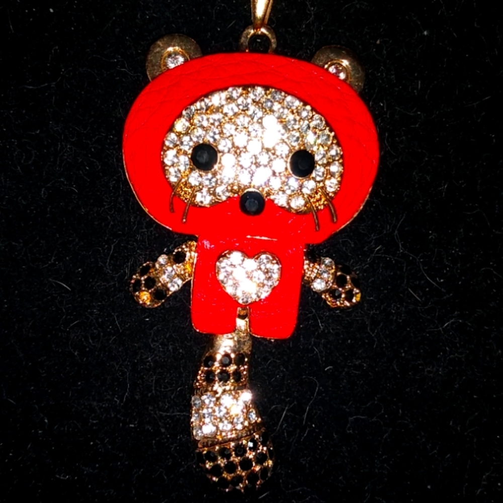 Red Raccoon with Movable Tail Pendant Necklace